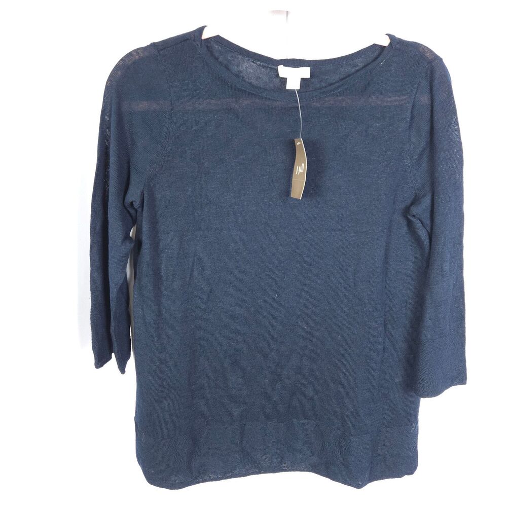NWT J Jill Womens XS Navy Blue Lightweight Linen‎ Blend 3/4 Sleeve Shirt Blouse